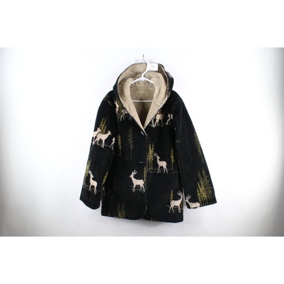 Vintage 90s Streetwear Womens Medium Deer All Over Print Hooded Fleece Jacket
